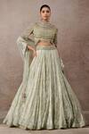 Buy_Tarun Tahiliani_Green Tulle Pearls, Sequins, Tassels High Neck Embroidered Lehenga Set _Online_at_Aza_Fashions
