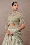 Shop_Tarun Tahiliani_Green Tulle Pearls, Sequins, Tassels High Neck Embroidered Lehenga Set _Online_at_Aza_Fashions
