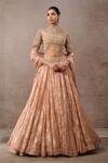 Buy_Tarun Tahiliani_Peach Tulle Pearls, Sequins, Tassels Round Neck Embroidered Lehenga Set _at_Aza_Fashions