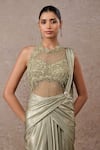 Tarun Tahiliani_Green Tulle, Net, Jersey Embroidery Halter Foil Pre-draped Saree And Bodysuit Set _Online_at_Aza_Fashions