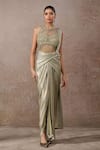 Buy_Tarun Tahiliani_Green Tulle, Net, Jersey Embroidery Halter Foil Pre-draped Saree And Bodysuit Set _at_Aza_Fashions