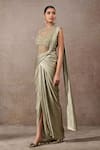 Shop_Tarun Tahiliani_Green Tulle, Net, Jersey Embroidery Halter Foil Pre-draped Saree And Bodysuit Set _Online_at_Aza_Fashions