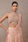 Buy_Tarun Tahiliani_Peach Tulle, Net, Chiffon Pearls Halter Ombre Blouse And Pre-draped Saree Set _Online_at_Aza_Fashions