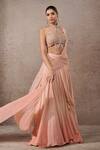 Shop_Tarun Tahiliani_Peach Tulle, Net, Chiffon Pearls Halter Ombre Blouse And Pre-draped Saree Set _Online_at_Aza_Fashions