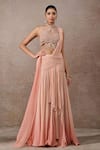 Buy_Tarun Tahiliani_Peach Tulle, Net, Chiffon Pearls Halter Ombre Blouse And Pre-draped Saree Set _at_Aza_Fashions
