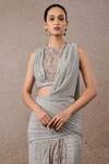 Tarun Tahiliani_Silver Tulle, Net Sequins, Signature Embroidered Pre-draped Saree And Blouse Set _Online_at_Aza_Fashions