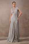 Buy_Tarun Tahiliani_Silver Tulle, Net Sequins, Signature Embroidered Pre-draped Saree And Blouse Set _at_Aza_Fashions