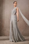 Buy_Tarun Tahiliani_Silver Tulle, Net Sequins, Signature Embroidered Pre-draped Saree And Blouse Set _Online_at_Aza_Fashions