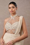 Tarun Tahiliani_Ivory Tulle, Net, Chiffon Pearls, Stones Ombre Pre-draped Saree And Blouse Set _Online_at_Aza_Fashions