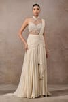 Buy_Tarun Tahiliani_Ivory Tulle, Net, Chiffon Pearls, Stones Ombre Pre-draped Saree And Blouse Set _Online_at_Aza_Fashions