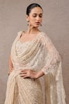 Tarun Tahiliani_Ivory Tulle, Net Embroidery Scoop Neck Lace Pre-draped Saree And Blouse Set _Online_at_Aza_Fashions