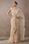 Buy_Tarun Tahiliani_Ivory Tulle, Net Embroidery Scoop Neck Lace Pre-draped Saree And Blouse Set _at_Aza_Fashions
