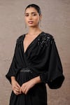 Tarun Tahiliani_Black Georgette Pearls, Sequins V-neck Classic Draped Kaftan _Online_at_Aza_Fashions