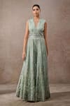 Buy_Tarun Tahiliani_Green Tulle, Net Sequins V-neck Signature Embroidered Jumpsuit _at_Aza_Fashions