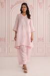 Charu Makkar_Pink Linen, Satin, Organza Embroidery V-neck Designer Kurta Set_Online_at_Aza_Fashions