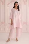 Buy_Charu Makkar_Pink Linen, Satin, Organza Embroidery V-neck Designer Kurta Set_Online_at_Aza_Fashions