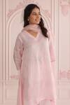 Shop_Charu Makkar_Pink Linen, Satin, Organza Embroidery V-neck Designer Kurta Set_Online_at_Aza_Fashions