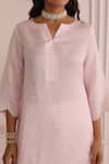 Charu Makkar_Pink Linen, Satin Split V-neck Kurta And Pant Set _Online_at_Aza_Fashions