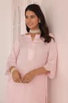 Charu Makkar_Pink Linen, Satin Split V-neck Kurta And Pant Set _at_Aza_Fashions
