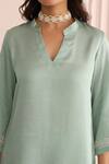 Charu Makkar_Green Linen, Satin Embroidery V-neck Sage Kurta And Pant Set_Online_at_Aza_Fashions