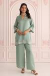 Buy_Charu Makkar_Green Linen, Satin Embroidery V-neck Sage Kurta And Pant Set_at_Aza_Fashions