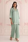 Charu Makkar_Green Linen, Satin Embroidery V-neck Sage Kurta And Pant Set_at_Aza_Fashions