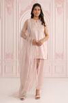 Buy_Charu Makkar_Peach Linen, Satin, Organza Embroidery Keyhole Neck Kurta Set_at_Aza_Fashions