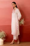 Charu Makkar_Pink Linen, Satin, Organza Embroidery V-neck Rosette Kurta Set _Online_at_Aza_Fashions