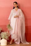 Buy_Charu Makkar_Pink Linen, Satin, Organza Embroidery V-neck Rosette Kurta Set _at_Aza_Fashions