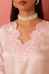Shop_Charu Makkar_Pink Linen, Satin, Organza Embroidery V-neck Rosette Kurta Set _Online_at_Aza_Fashions