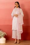 Buy_Charu Makkar_Pink Linen, Satin, Organza Embroidery Mandarin Collar Kurta Pant Set _at_Aza_Fashions