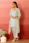 Charu Makkar_Blue Linen, Satin, Organza Embroidery V-neck Twinkle Kurta Set _at_Aza_Fashions