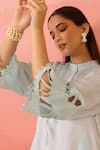 Charu Makkar_Blue Linen, Satin Embroidery Mandarin Collar Luna Kurta With Pant _Online_at_Aza_Fashions