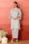 Buy_Charu Makkar_Blue Linen, Satin Embroidery Mandarin Collar Luna Kurta With Pant _Online_at_Aza_Fashions