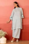 Buy_Charu Makkar_Blue Linen, Satin Embroidery Mandarin Collar Luna Kurta With Pant _at_Aza_Fashions