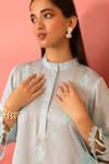 Charu Makkar_Blue Linen, Satin Embroidery Mandarin Collar Luna Kurta With Pant _at_Aza_Fashions