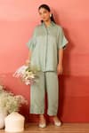 Buy_Charu Makkar_Green Linen, Satin Embroidery Collared Sage Shirt Tunic And Pant Set _at_Aza_Fashions