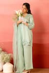 Buy_Charu Makkar_Green Linen, Satin, Organza Cut Work Round Neck Sage Kurta Set _at_Aza_Fashions
