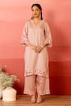 Buy_Charu Makkar_Pink Linen, Satin, Organza Cut Work V-neck Designer Sorbet Kurta Set _Online_at_Aza_Fashions