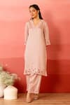 Shop_Charu Makkar_Pink Linen, Satin, Organza Cut Work V-neck Designer Sorbet Kurta Set _Online_at_Aza_Fashions