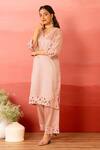 Charu Makkar_Pink Linen, Satin, Organza Cut Work V-neck Designer Sorbet Kurta Set _at_Aza_Fashions