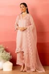 Buy_Charu Makkar_Pink Linen, Satin, Organza Cut Work V-neck Designer Sorbet Kurta Set _at_Aza_Fashions