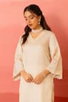 Buy_Charu Makkar_White Linen, Satin, Organza Embroidery V-neck Designer Pearl Kurta Pant Set _Online_at_Aza_Fashions