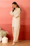 Charu Makkar_White Linen, Satin, Organza Embroidery V-neck Designer Pearl Kurta Pant Set _at_Aza_Fashions