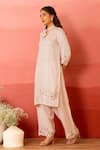 Buy_Charu Makkar_Peach Linen, Satin, Organza Cut Work Split V-neck Designer Kurta Set _Online_at_Aza_Fashions