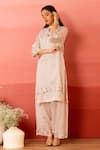 Shop_Charu Makkar_Peach Linen, Satin, Organza Cut Work Split V-neck Designer Kurta Set _Online_at_Aza_Fashions
