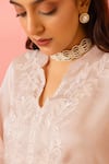 Shop_Charu Makkar_Peach Linen, Satin, Organza Cut Work Split V-neck Designer Kurta Set 
