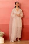 Buy_Charu Makkar_Peach Linen, Satin, Organza Embroidery V-neck Floral Kurta Set _at_Aza_Fashions