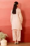 Shop_Charu Makkar_Peach Linen, Satin, Organza Embroidery V-neck Floral Kurta Set _at_Aza_Fashions