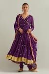 Buy_Ikshita Choudhary_Purple Chanderi, Organza Zari, Embroidery V-neck Anarkali Set _at_Aza_Fashions